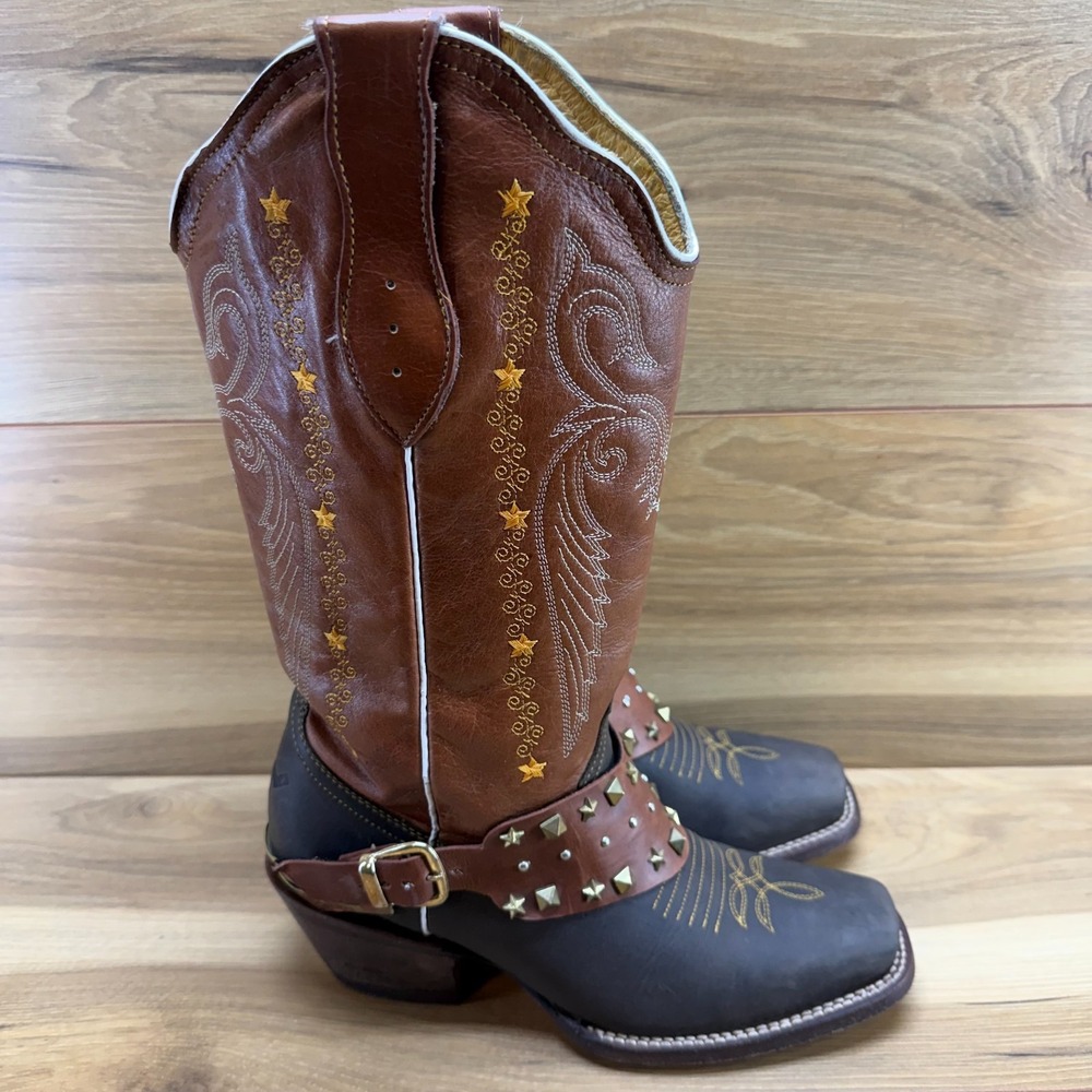 Jar Boots Western Womens 7.5 Brown Buckle Studded Billy Rodeo Boho Stacked Heel